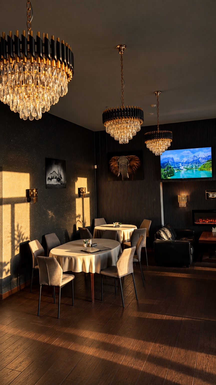 Main Hall ar elegantiem lustras apgaismojumiem